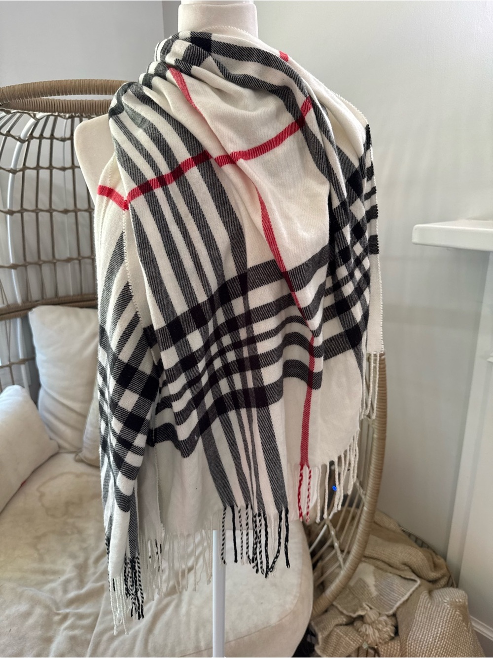 Cashmere Plaid Blanket Scarf Ivory Black Red Fringe Oversized Wrap
